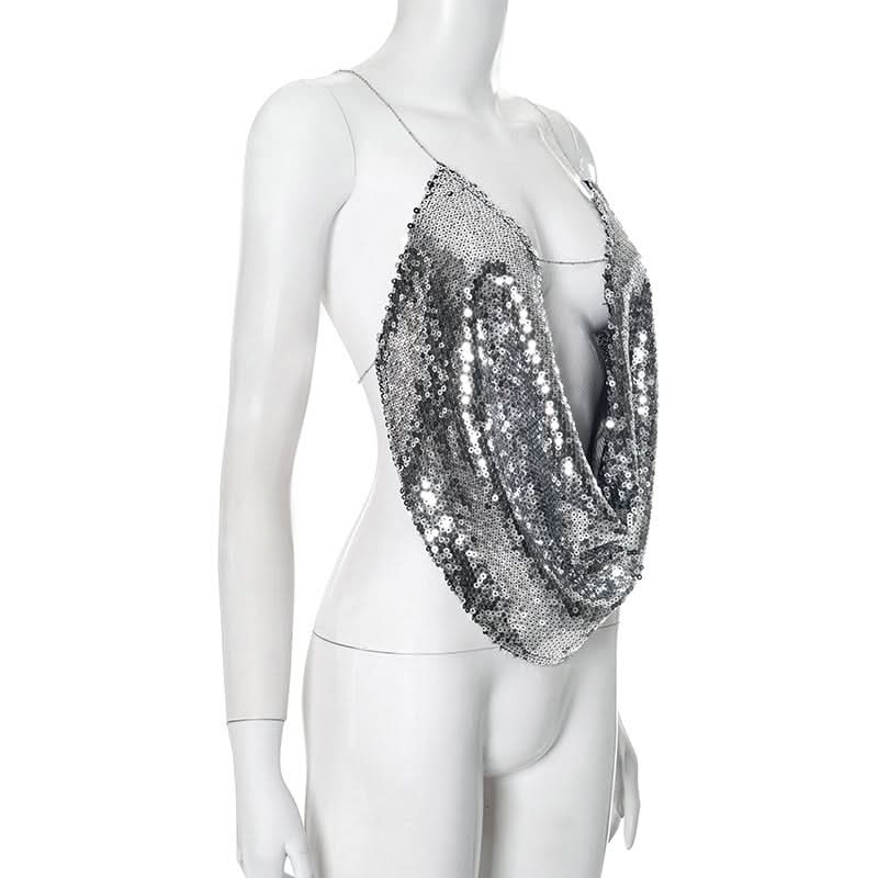 Sparkling Silver Sequin Cowl Neck Cami - Chic Cross-Back Straps for Holiday Parties & NYE