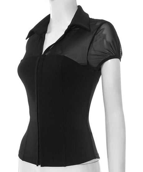 Elegant Mesh & Hook-Eye Collared Blouse - Chic Puff Sleeve Top for Fall & Holiday