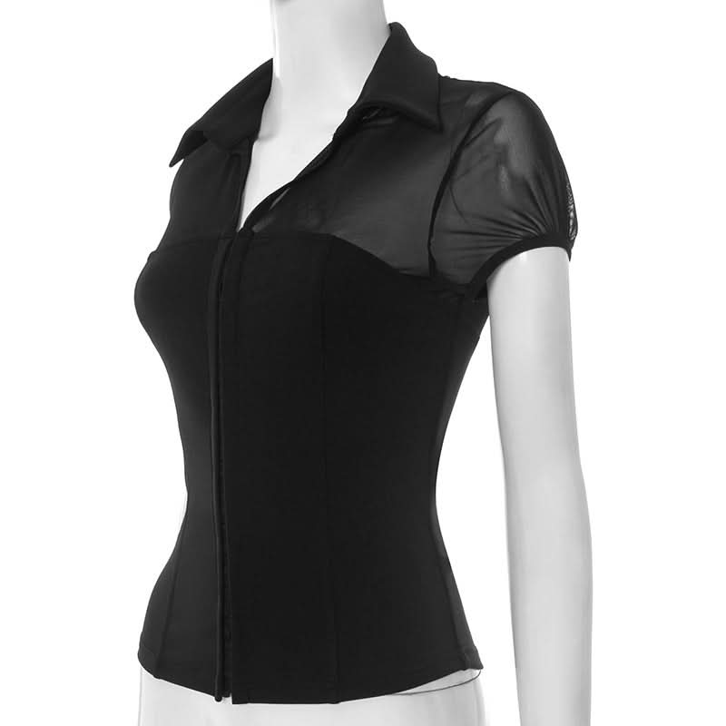 Elegant Mesh & Hook-Eye Collared Blouse - Chic Puff Sleeve Top for Fall & Holiday