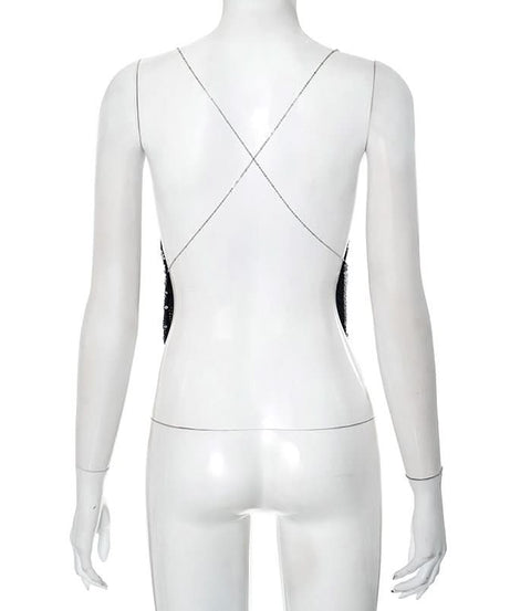 Sparkling Silver Sequin Cowl Neck Cami - Chic Cross-Back Straps for Holiday Parties & NYE