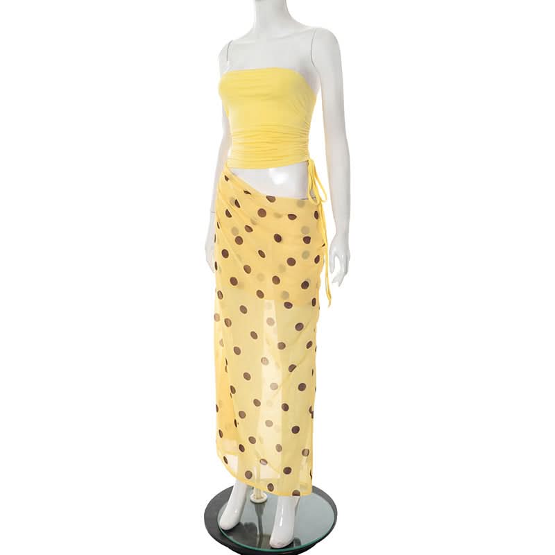 Polka Dot Chic: Ruched Tube Top & Sheer Cut-Out Maxi Dress for Your Fall Getaway