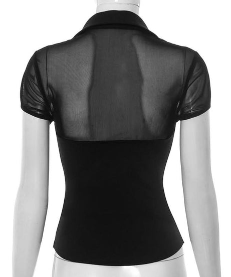 Elegant Mesh & Hook-Eye Collared Blouse - Chic Puff Sleeve Top for Fall & Holiday