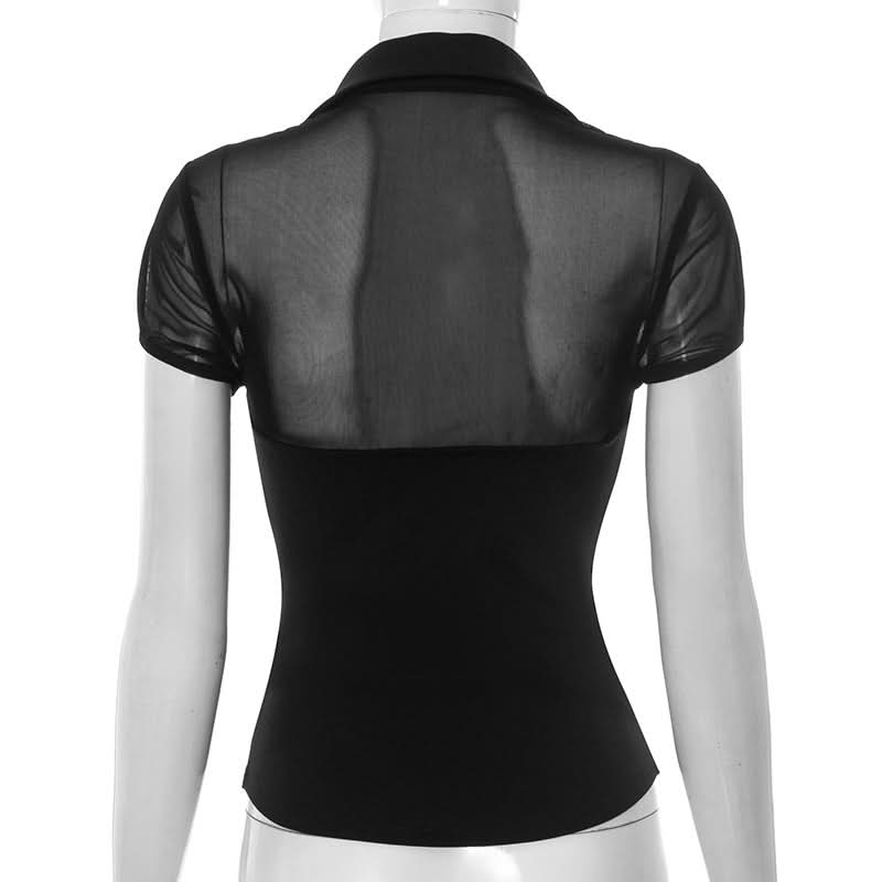 Elegant Mesh & Hook-Eye Collared Blouse - Chic Puff Sleeve Top for Fall & Holiday