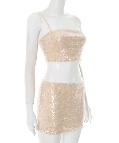 Dazzling Champagne Sequin Crop Top & Mini Skirt Set - Perfect for Holiday Parties & NYE