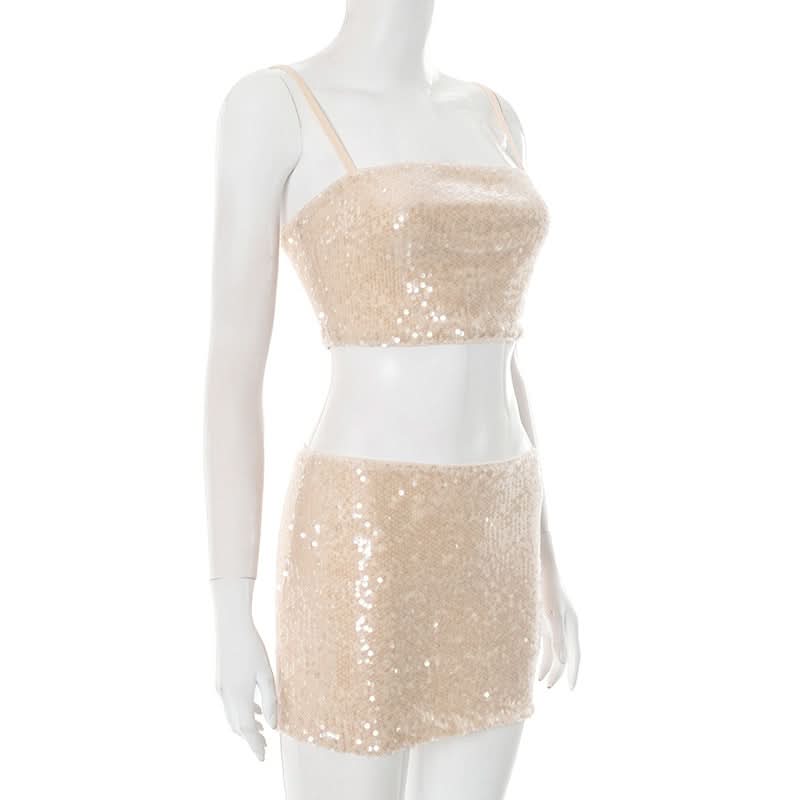 Dazzling Champagne Sequin Crop Top & Mini Skirt Set - Perfect for Holiday Parties & NYE