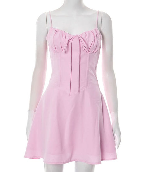Sweetheart Pink Tie-Front Ruched Mini Dress | Flattering Corset Bodice for Fall Parties & Date Nights