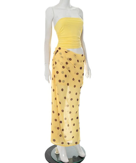 Polka Dot Chic: Ruched Tube Top & Sheer Cut-Out Maxi Dress for Your Fall Getaway