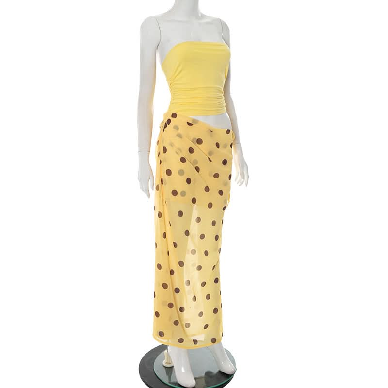 Polka Dot Chic: Ruched Tube Top & Sheer Cut-Out Maxi Dress for Your Fall Getaway