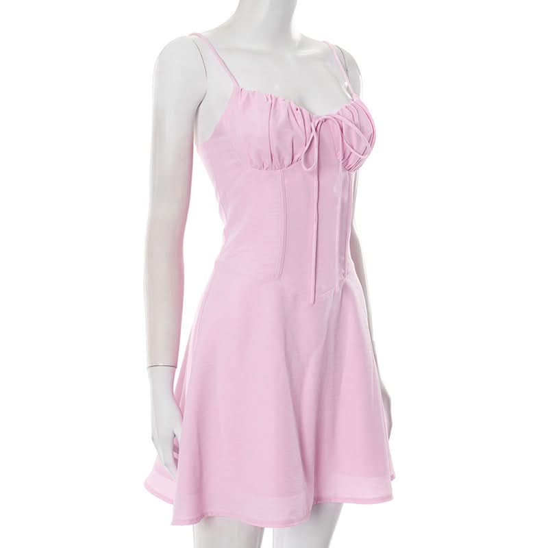 Sweetheart Pink Tie-Front Ruched Mini Dress | Flattering Corset Bodice for Fall Parties & Date Nights