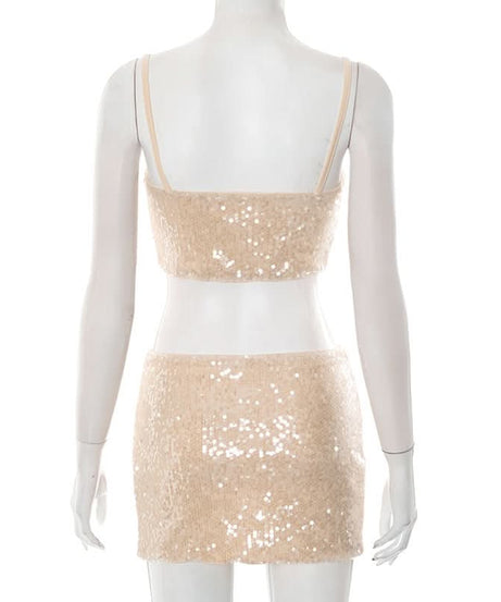 Dazzling Champagne Sequin Crop Top & Mini Skirt Set - Perfect for Holiday Parties & NYE