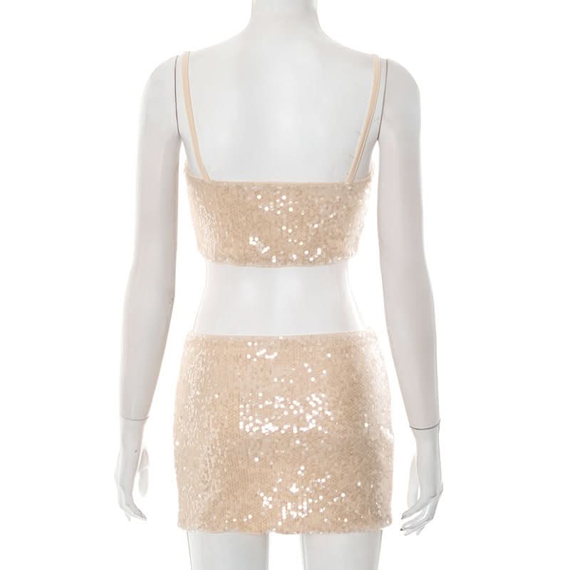 Dazzling Champagne Sequin Crop Top & Mini Skirt Set - Perfect for Holiday Parties & NYE