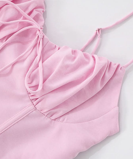 Sweetheart Pink Tie-Front Ruched Mini Dress | Flattering Corset Bodice for Fall Parties & Date Nights