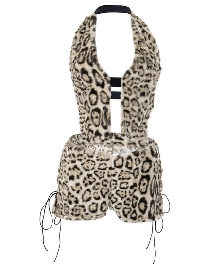 Fierce & Fluffy Leopard Print Halter Crop Top & Drawstring Shorts Set - Your Wild Side Awaits This Fall!