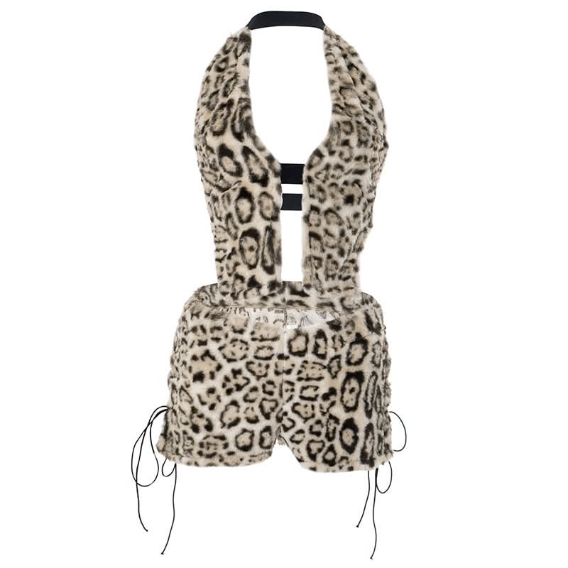 Fierce & Fluffy Leopard Print Halter Crop Top & Drawstring Shorts Set - Your Wild Side Awaits This Fall!
