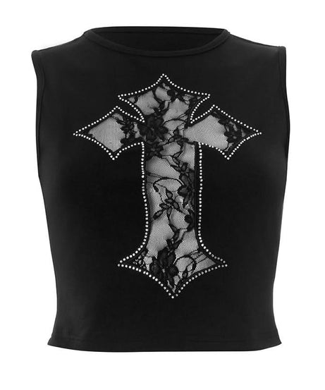 Gothic Glam Rhinestone Cross Lace Crop Top - Edgy Fall & Halloween Ready