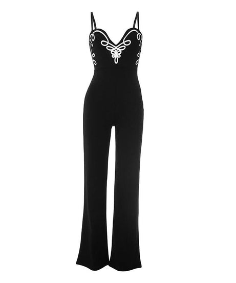 Chic Black Embroidered Wide-Leg Jumpsuit for Women - Elegant Fall & Holiday Style