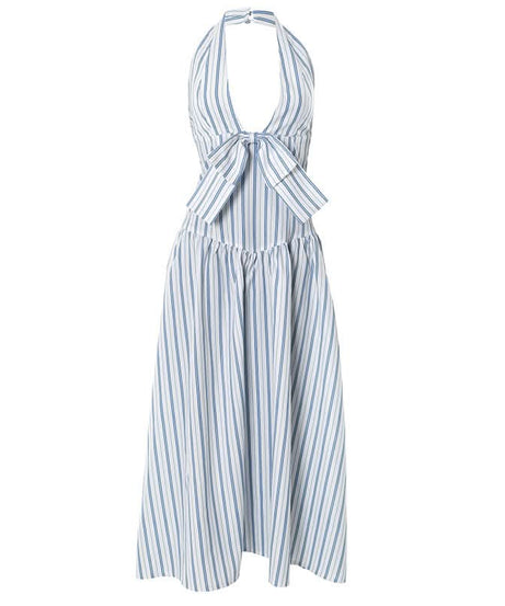 Blue Stripe Halter Maxi Dress with Chic Bow - Effortless Resort & Vacation Style