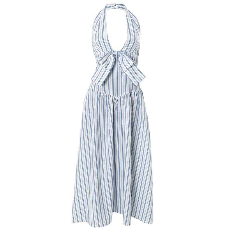 Blue Stripe Halter Maxi Dress with Chic Bow - Effortless Resort & Vacation Style