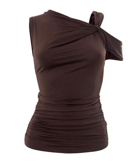 Effortless Autumn Chic: Espresso One-Shoulder Ruched Top for Flattering Fall Style