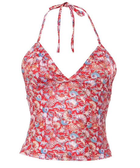 Coastal Chic Seashell Print Halter V-Neck Backless Top - Your Resort & Sunny Escape Essential