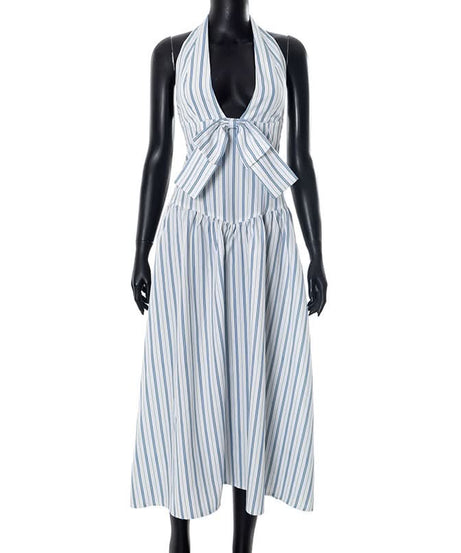Blue Stripe Halter Maxi Dress with Chic Bow - Effortless Resort & Vacation Style