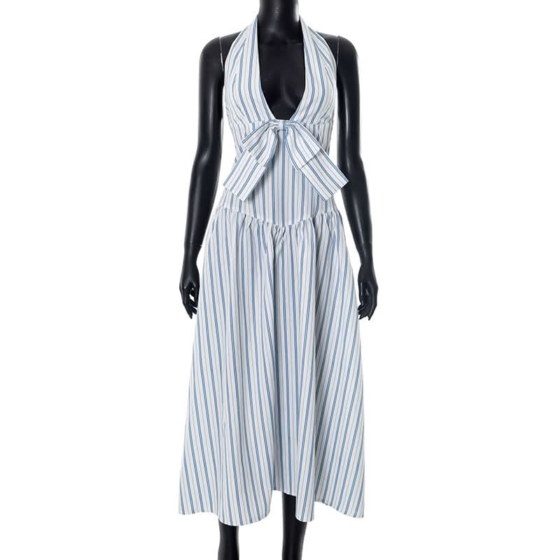 Blue Stripe Halter Maxi Dress with Chic Bow - Effortless Resort & Vacation Style