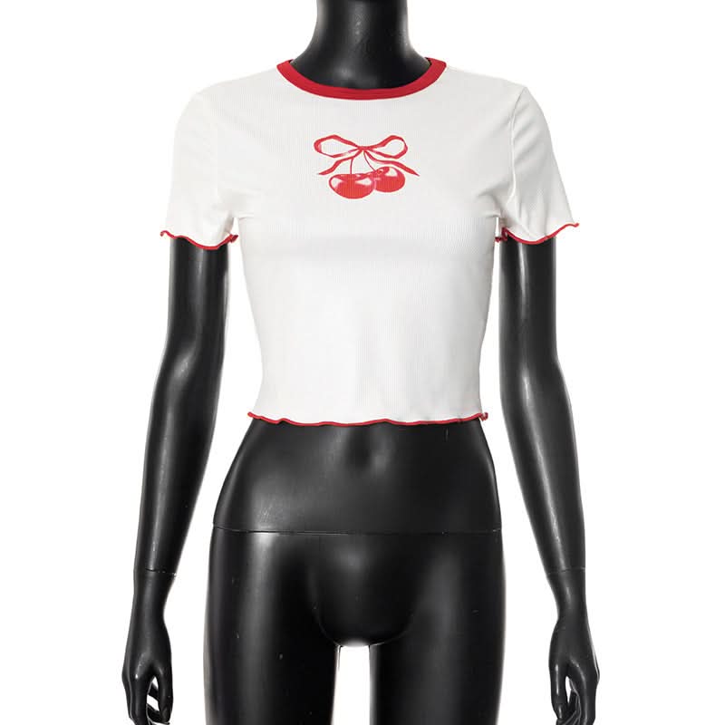 Sweet Cherry Bow Ribbed Crop Top - Ruffle Y2K Tee | Fall Casual Chic
