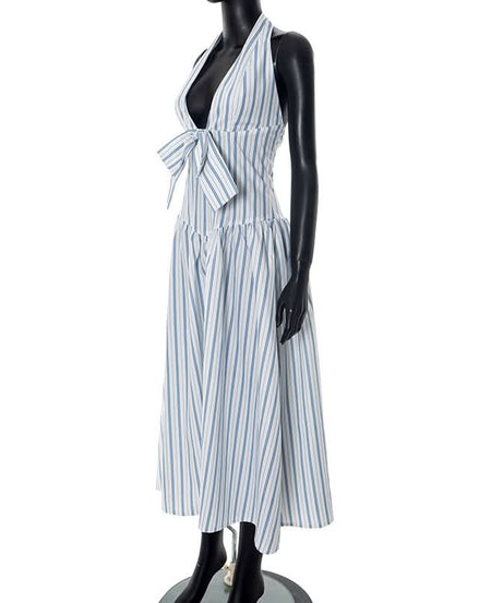 Blue Stripe Halter Maxi Dress with Chic Bow - Effortless Resort & Vacation Style