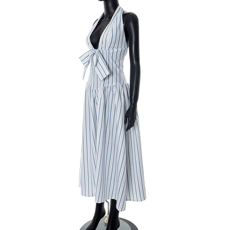 Blue Stripe Halter Maxi Dress with Chic Bow - Effortless Resort & Vacation Style