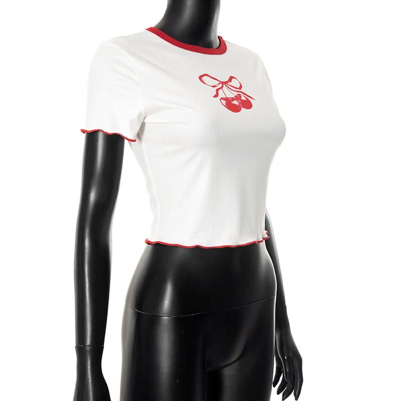 Sweet Cherry Bow Ribbed Crop Top - Ruffle Y2K Tee | Fall Casual Chic