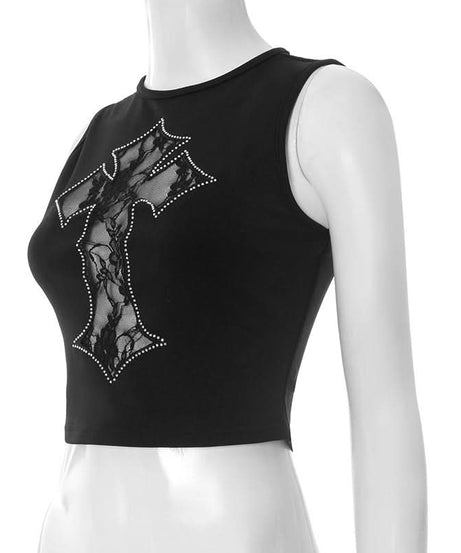 Gothic Glam Rhinestone Cross Lace Crop Top - Edgy Fall & Halloween Ready