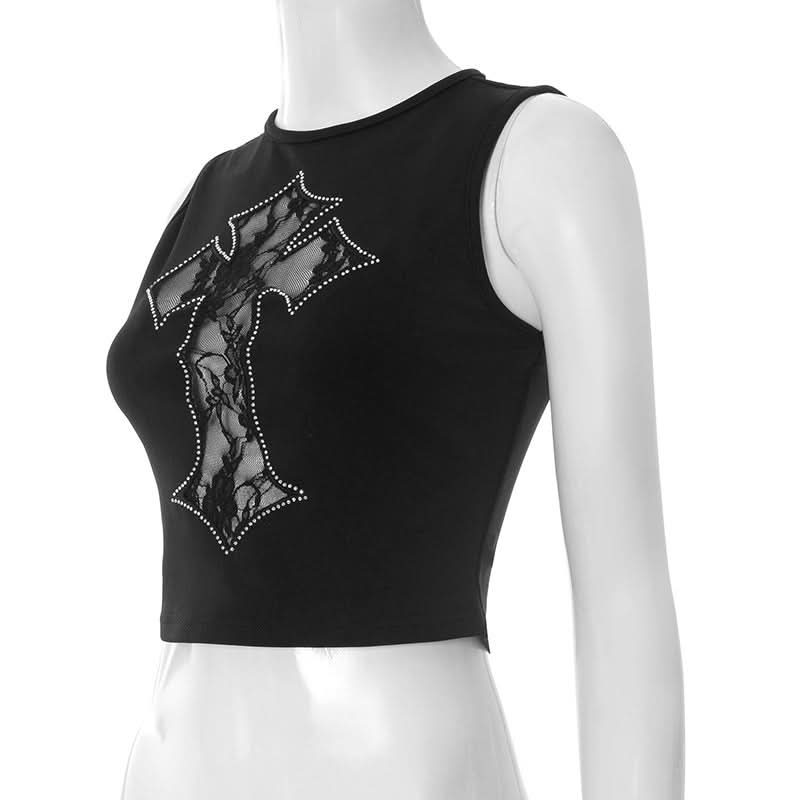 Gothic Glam Rhinestone Cross Lace Crop Top - Edgy Fall & Halloween Ready