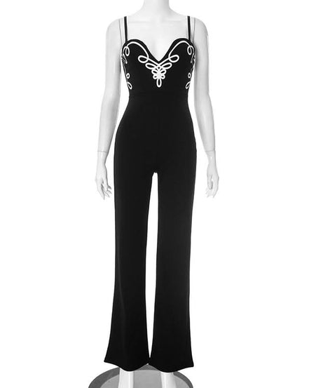 Chic Black Embroidered Wide-Leg Jumpsuit for Women - Elegant Fall & Holiday Style