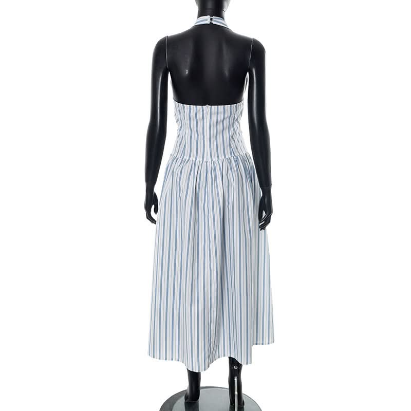 Blue Stripe Halter Maxi Dress with Chic Bow - Effortless Resort & Vacation Style