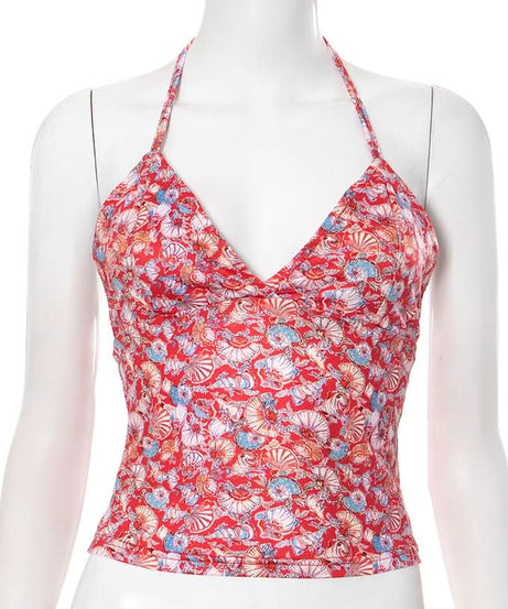 Coastal Chic Seashell Print Halter V-Neck Backless Top - Your Resort & Sunny Escape Essential