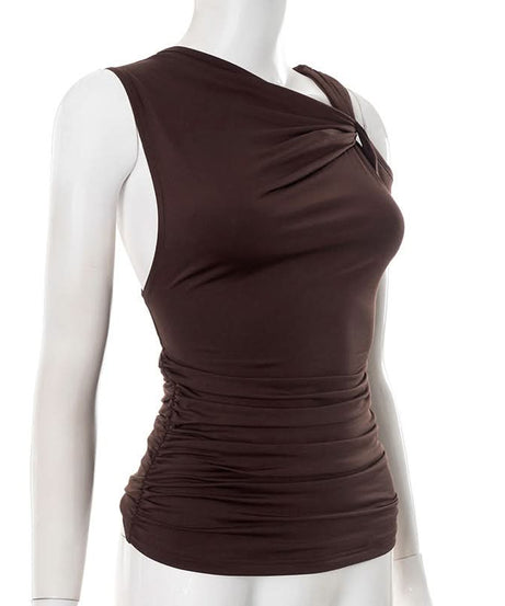 Effortless Autumn Chic: Espresso One-Shoulder Ruched Top for Flattering Fall Style