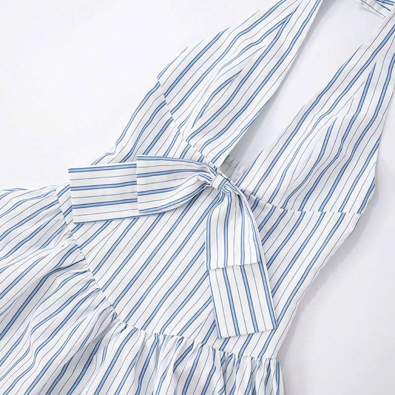Blue Stripe Halter Maxi Dress with Chic Bow - Effortless Resort & Vacation Style
