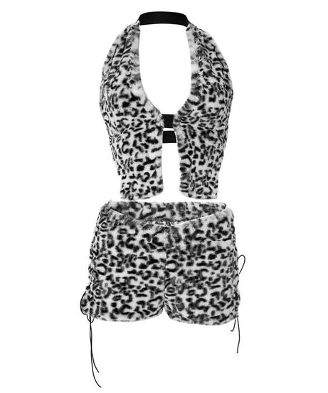 Fierce & Fluffy Leopard Print Halter Crop Top & Drawstring Shorts Set - Your Wild Side Awaits This Fall!