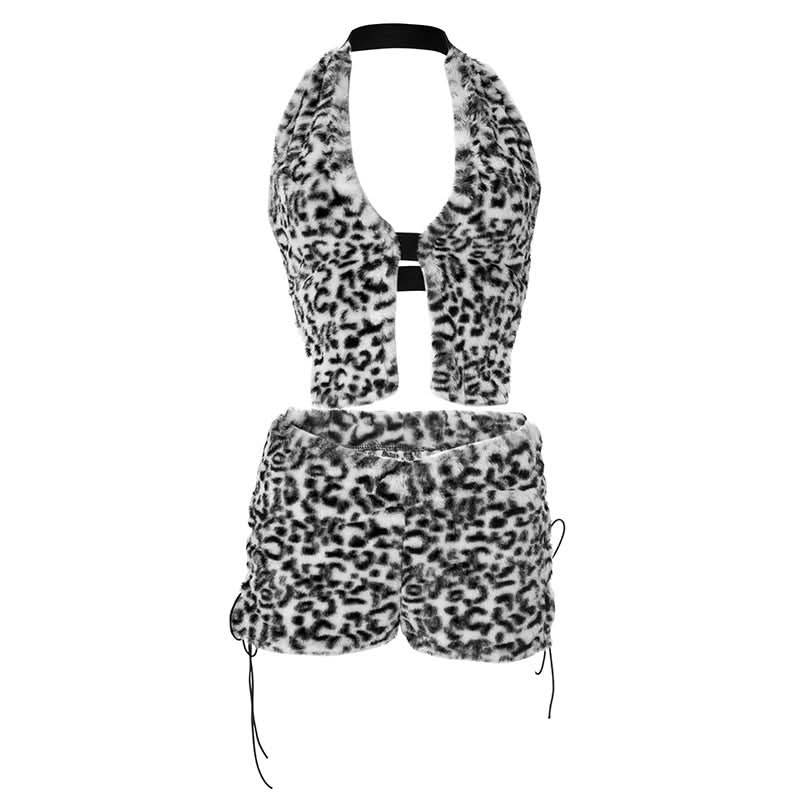 Fierce & Fluffy Leopard Print Halter Crop Top & Drawstring Shorts Set - Your Wild Side Awaits This Fall!