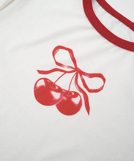 Sweet Cherry Bow Ribbed Crop Top - Ruffle Y2K Tee | Fall Casual Chic