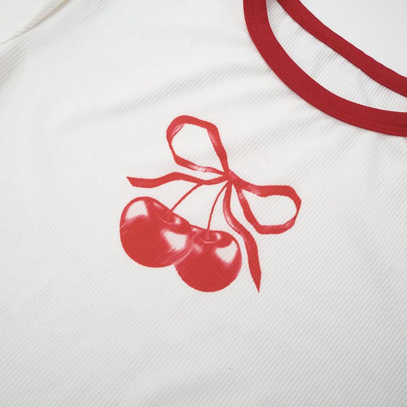 Sweet Cherry Bow Ribbed Crop Top - Ruffle Y2K Tee | Fall Casual Chic