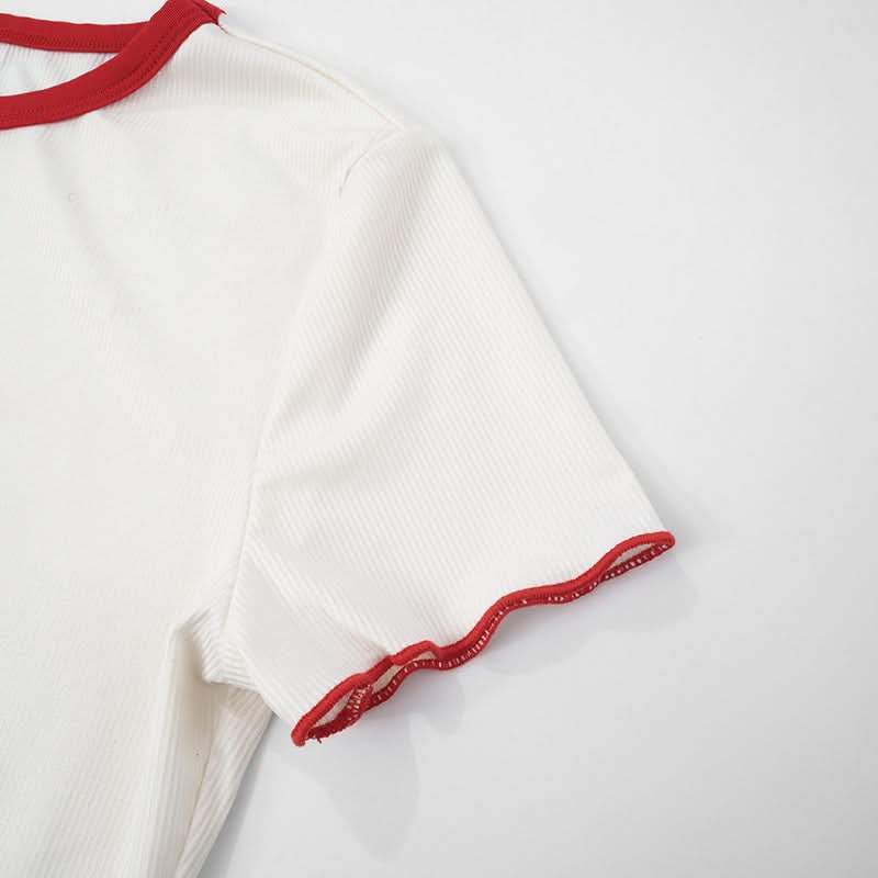 Sweet Cherry Bow Ribbed Crop Top - Ruffle Y2K Tee | Fall Casual Chic