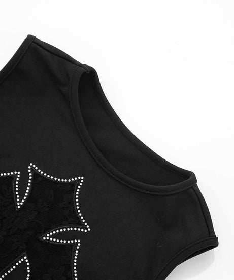 Gothic Glam Rhinestone Cross Lace Crop Top - Edgy Fall & Halloween Ready