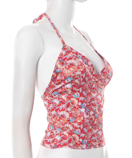 Coastal Chic Seashell Print Halter V-Neck Backless Top - Your Resort & Sunny Escape Essential