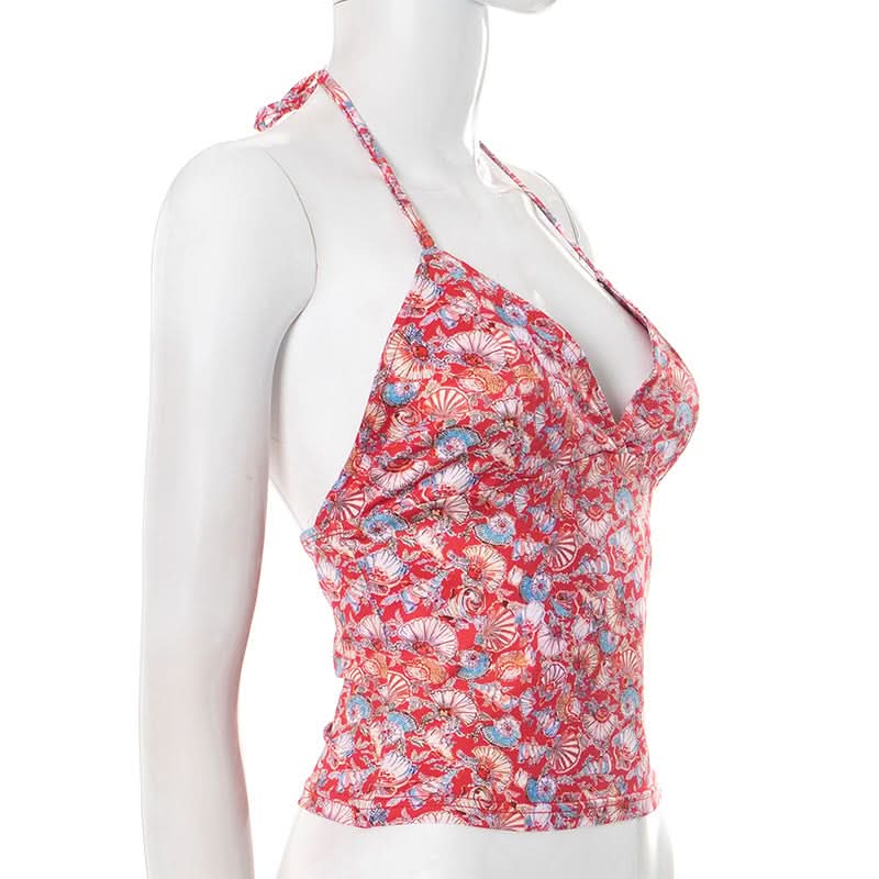 Coastal Chic Seashell Print Halter V-Neck Backless Top - Your Resort & Sunny Escape Essential