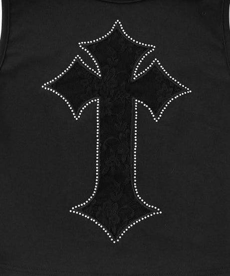 Gothic Glam Rhinestone Cross Lace Crop Top - Edgy Fall & Halloween Ready