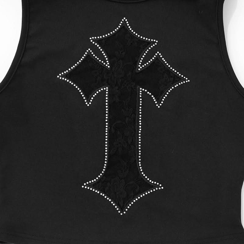 Gothic Glam Rhinestone Cross Lace Crop Top - Edgy Fall & Halloween Ready