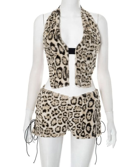 Fierce & Fluffy Leopard Print Halter Crop Top & Drawstring Shorts Set - Your Wild Side Awaits This Fall!
