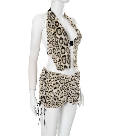Fierce & Fluffy Leopard Print Halter Crop Top & Drawstring Shorts Set - Your Wild Side Awaits This Fall!