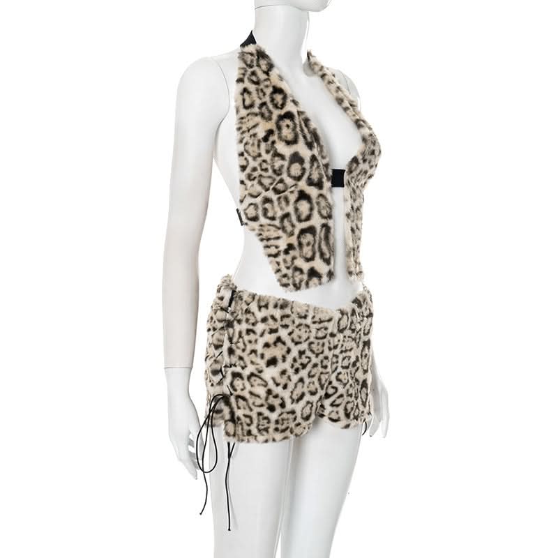Fierce & Fluffy Leopard Print Halter Crop Top & Drawstring Shorts Set - Your Wild Side Awaits This Fall!